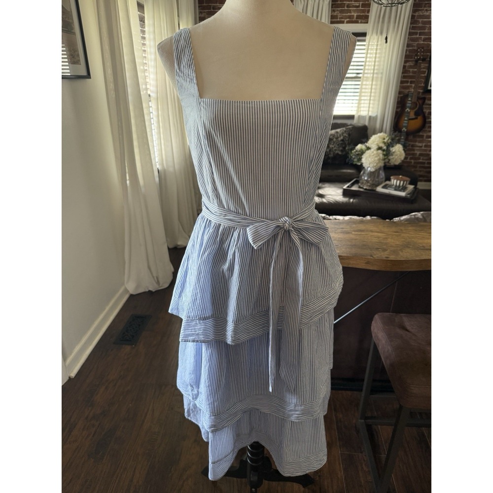 J. Crew Blue/White Striped Tiered Ruffle Midi Dress Size 6 Cotton Coastal Beach - Picture 5 of 12